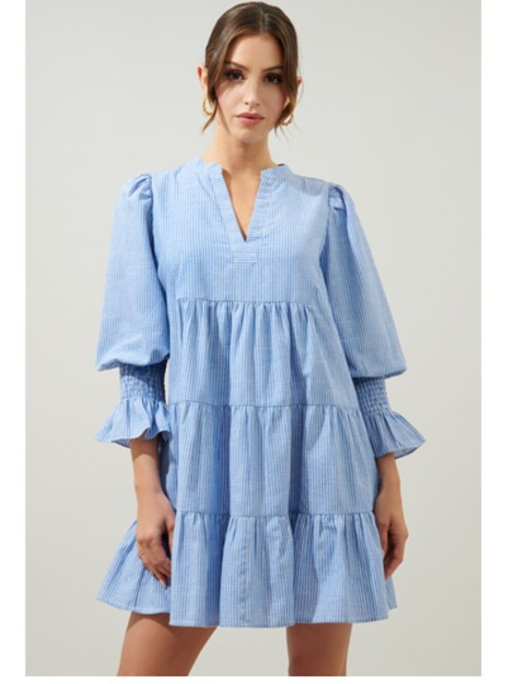 🩵🤍NWT Sugarlips Zephyr Ticking Stripe Babydoll Tiered Mini Dress M